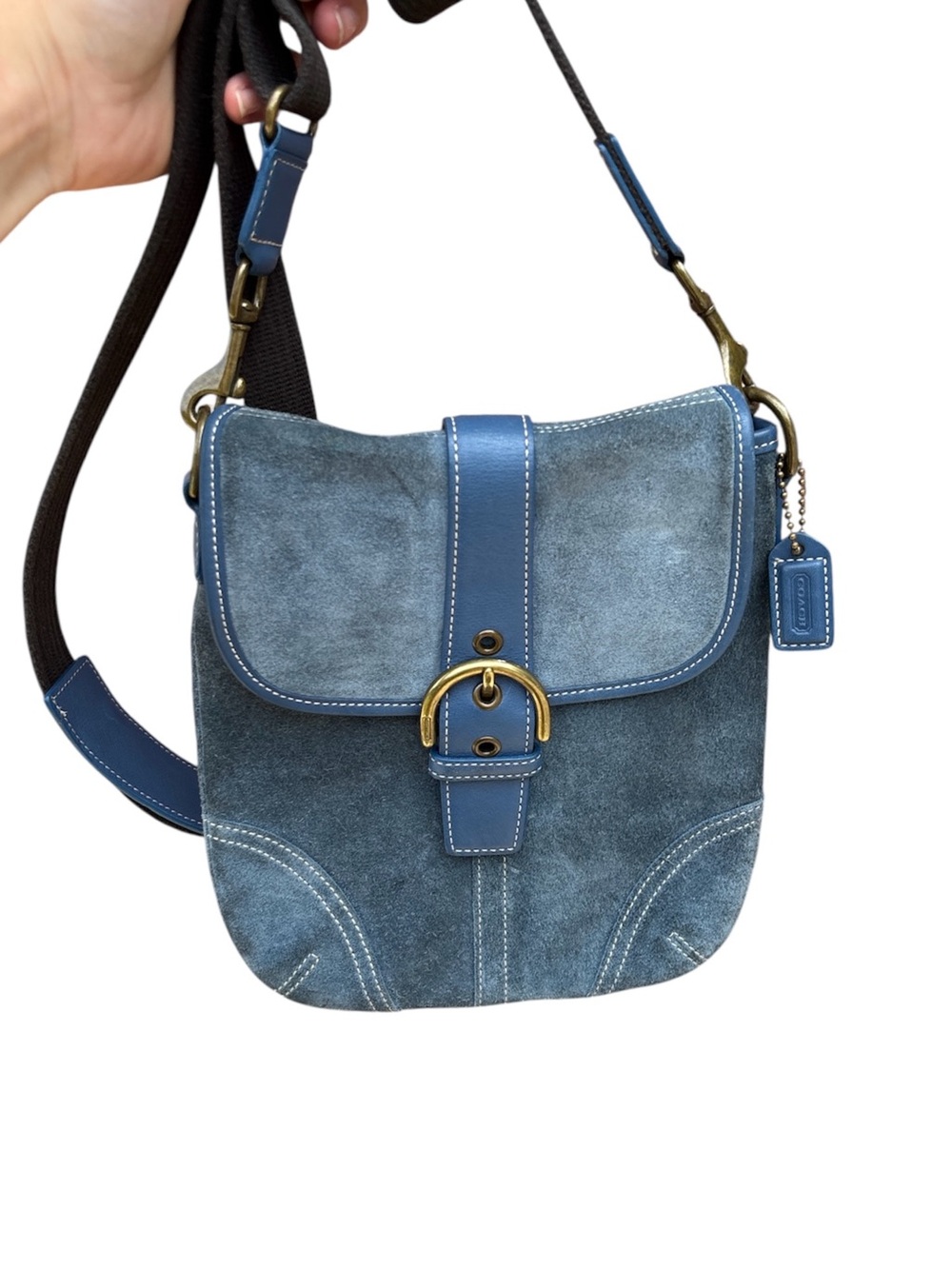 Coach Soho buckle flap crossbody bag blue suede with leather trim
